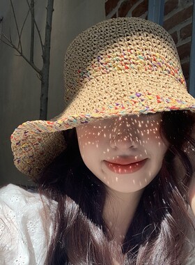 夏日田园小花草编沙滩防晒帽女