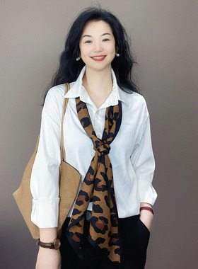 时髦款！焦糖色豹纹棉麻丝巾女护颈小围脖百搭窄长条飘带装饰围巾