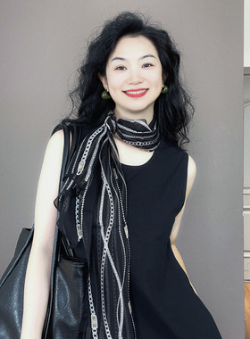 黑色乔其纱桑蚕丝真丝丝巾女士系脖高级感飘带细窄长条纱巾小围巾