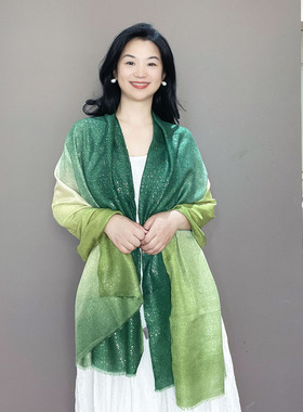 烫金渐变绿色棉麻围巾女夏季薄款防晒空调房披肩外搭旅游包头丝巾