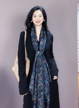 美院艺术风格！蓝色印花围巾女士秋冬季棉麻百搭简约保暖披肩围脖
