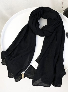 棉麻围巾女黑色夏季纯色亚麻文艺