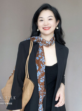 咖色碎花真丝丝巾女小长条乔其纱2026新款洋气护颈100%桑蚕丝围巾