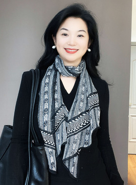 老钱风！黑灰色乔其纱100%桑蚕丝真丝丝巾女春秋薄款长条护颈围巾