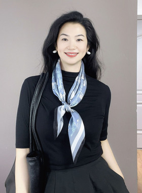 老钱风灰蓝色真丝丝巾女系脖高级感100%桑蚕丝双绉65方巾装饰领巾