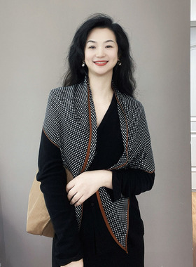 低调奢华！黑色千鸟格棉麻三角巾2025春秋高级感护颈装饰围巾披肩