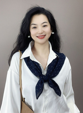 精致优雅！深蓝色波点双面棉麻方巾女士春秋季护颈装饰小围脖丝巾