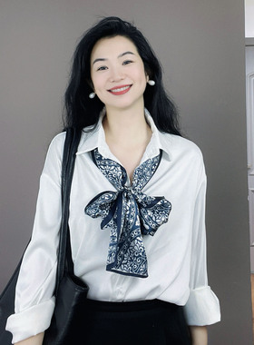 蓝色青花瓷长条真丝丝巾女2026新款高级感国风100%桑蚕丝飘带围巾