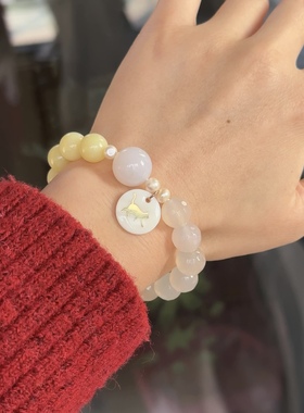 石头的日记  古典温柔天然柠檬玉白玛瑙珍珠可爱猫咪贝壳手串