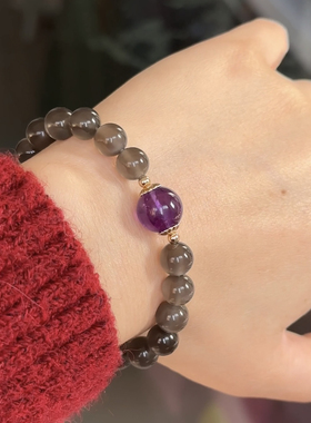 石头的日记  黑夜中的月 高品质天然灰月光朱砂紫水晶手串