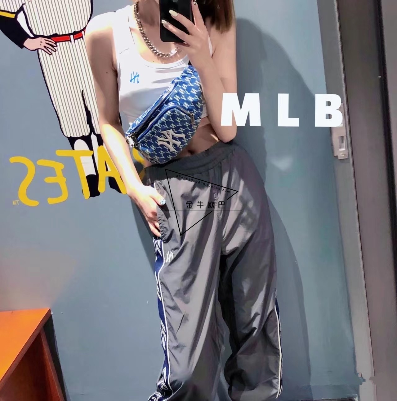 MLB复古老花满印Monogram字母logo洋基队可拆卸腰包斜挎3AHSM012N-图1