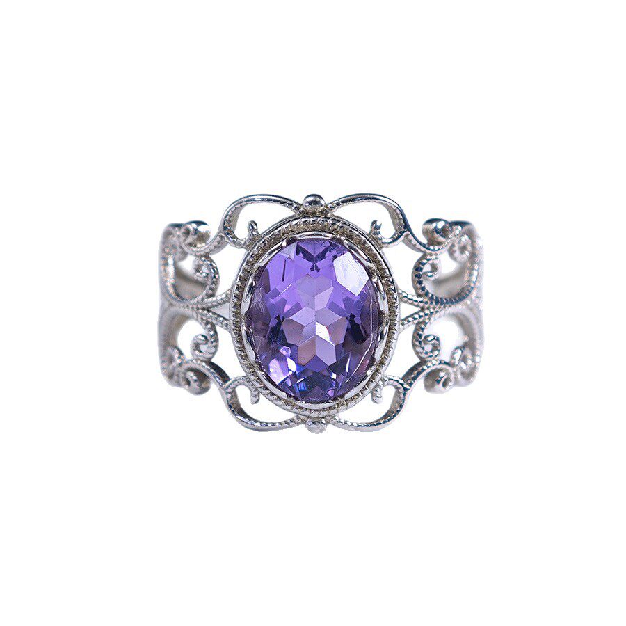 Cross-mirror new European and American hollow natural amethyst ring Retro palace style ring natural stone ring