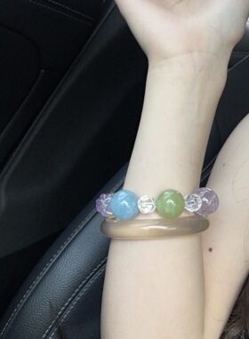 彩色糖果天然多宝手串女紫水晶岫玉粉黄水晶草莓晶手链海蓝宝手饰