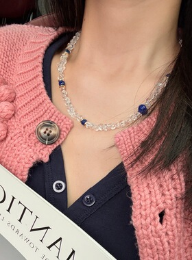 原创设计天然白水晶碎石青金石爱心锁骨链女时尚显白女款精致项链