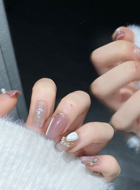 清货款纯手工穿戴甲月光仙子温柔气质手绘魔镜粉贝母猫眼中长款