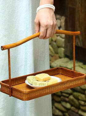 复古竹编提篮筇竹茶具点心收纳筐