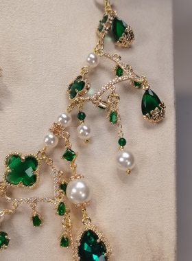 一梦星河/原创设计复古风绿色锆石珍珠项链耳环套装异域风礼服