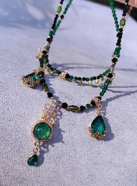 一梦星河-原创汉服配饰深绿色项链汉服璎珞双圈日常配饰