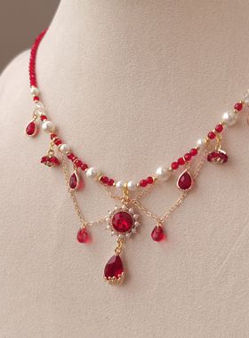 一梦星河原创汉服配饰红色婚嫁软璎珞项链复古国风配饰