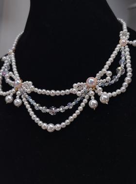 一梦星河原创设计lo手作项链欧式复古仿珍珠蝴蝶结礼服饰品项链