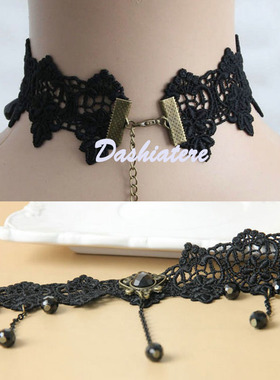 气质百搭黑色蕾丝项圈颈链人造水晶吊坠锁骨链复古脖颈链饰流苏女