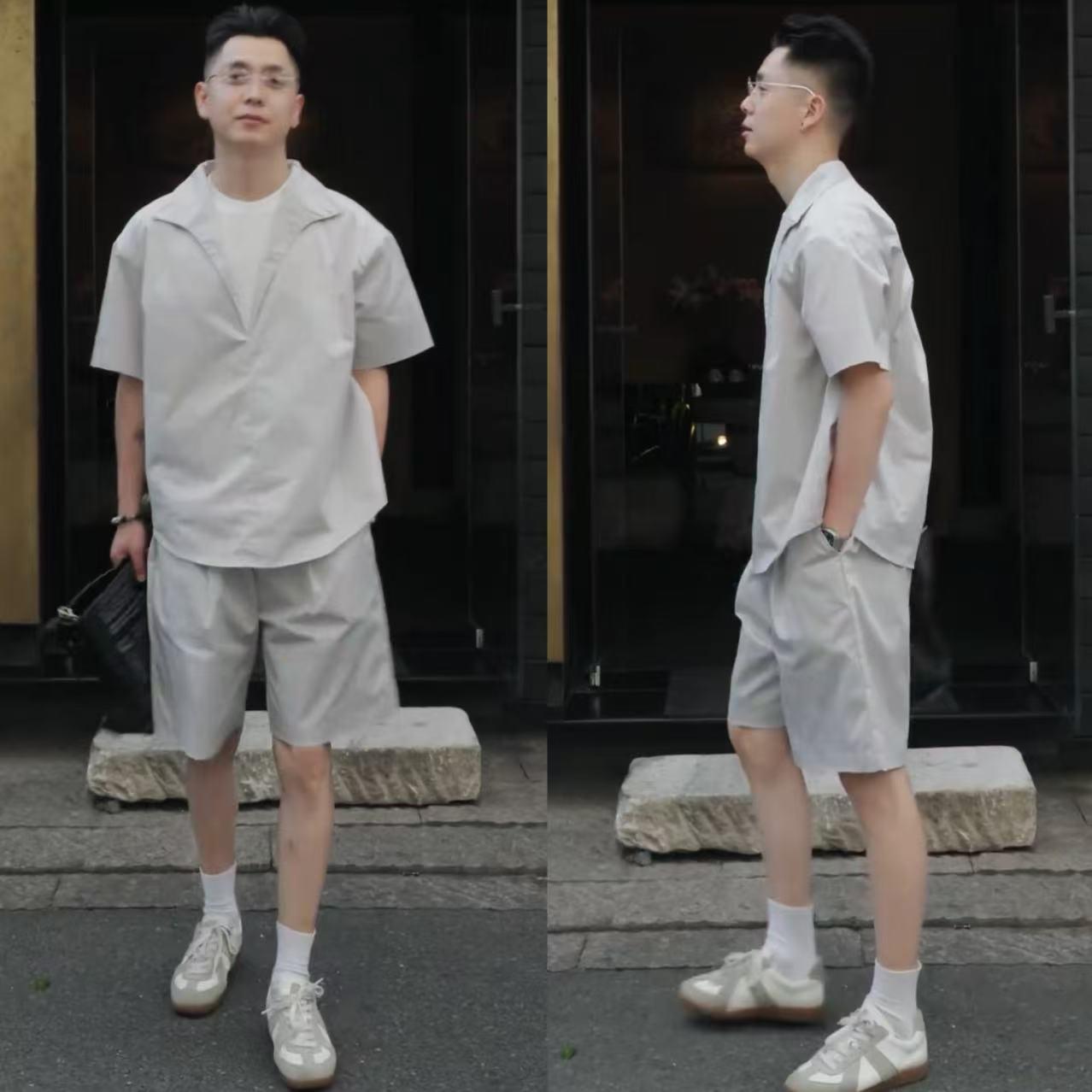 潮牌假两件高级感休闲运动套装男夏季时尚百搭衬衫短袖短裤两件套 - 图2