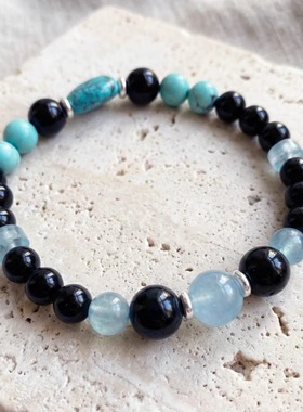 天然原矿绿松石海蓝宝黑曜石手串