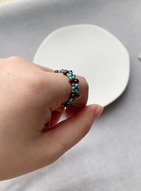 纯天然绿松石石榴石复古手工戒指