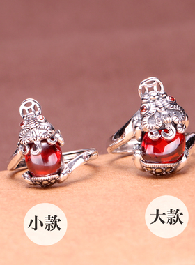 纯银石榴石复古貔貅戒指泰银