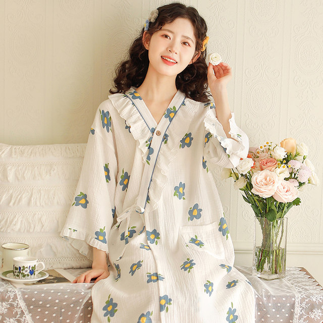 {Sleeping Island} Japanese kimono sleeping skirt female spring and summer seven -point sleeve double -layer cotton thin gauze sweet young bathrobe