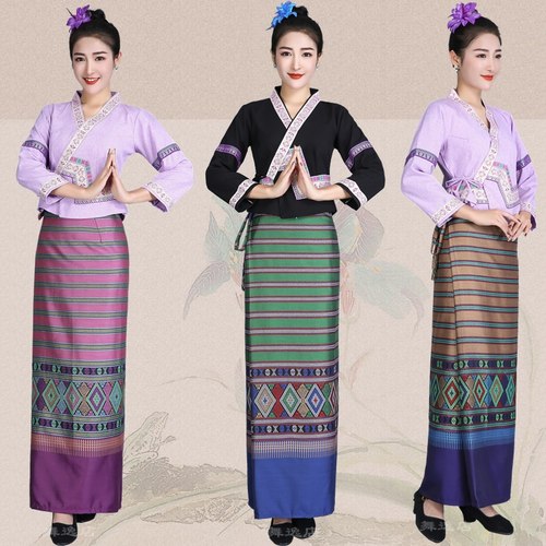 新款棉麻长袖西双版纳傣服装 傣族泼水节服饰 泰国裹裙筒裙女套装 - 图1