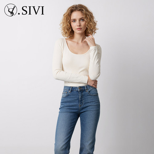 熙薇2025冬季新款法式U领暖氧珍珠绒螺纹保暖衣H6237 - 图0