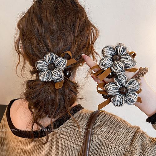 毛线花朵蝴蝶结发圈女高级感慵懒风扎丸子头发绳复古头绳秋冬发饰 - 图0