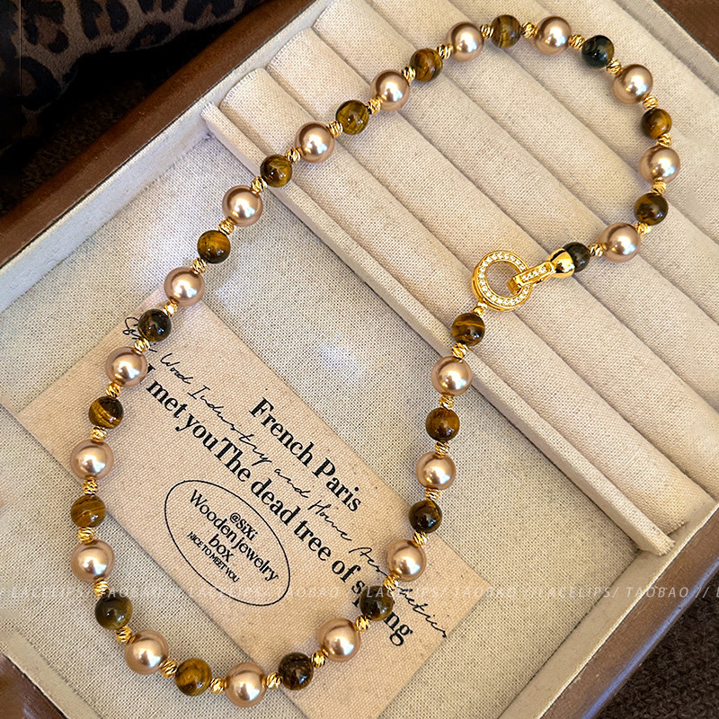 摩卡金棕~项链女款虎眼石珍珠毛衣链2026新款轻奢颈链高级感配饰,淘宝优惠券,粉丝福利购,淘宝优惠卷