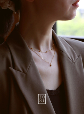 ZOXI不掉色双层金豆钻石项链配饰