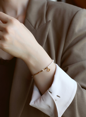 ZOXI不掉色碎碎金珍珠四叶草手链