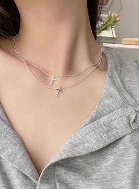 通体纯银十字架百搭项链女叠戴款