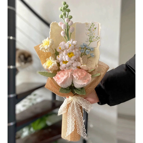 手工钩针编织diy茉莉玫瑰毛线花束手捧花材料包自制礼物送女朋友 - 图3