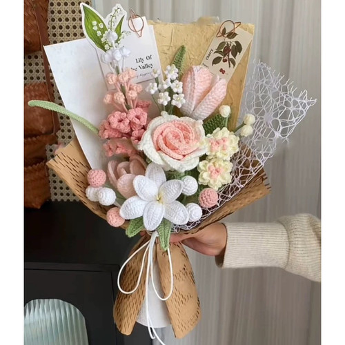 手工钩针编织diy茉莉玫瑰毛线花束手捧花材料包自制礼物送女朋友 - 图0