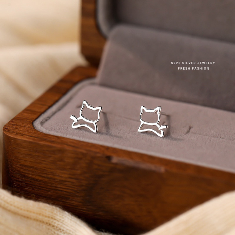 s925银可爱镂空小猫耳钉女纯银卡通小动物银饰小巧精致日常耳夹,淘宝优惠券,粉丝福利购,淘宝优惠卷