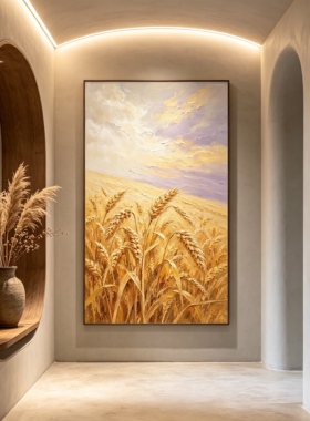 原创大芬村中古风麦田手绘油画玄关装饰画带框立体画轻奢艺术画