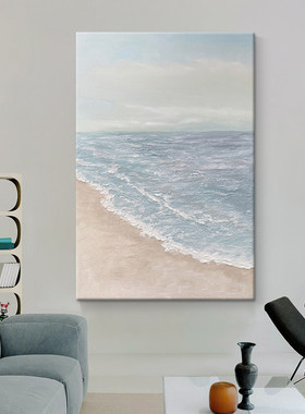 海滩风景浅蓝色纯手绘油