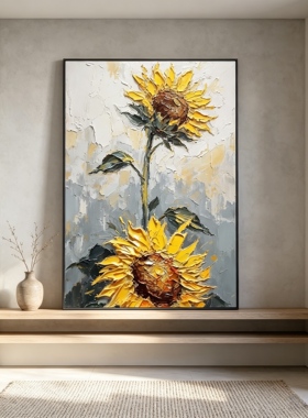 大芬村手绘向日葵油画中古风装饰画玄关原创艺术简约现代客厅背景