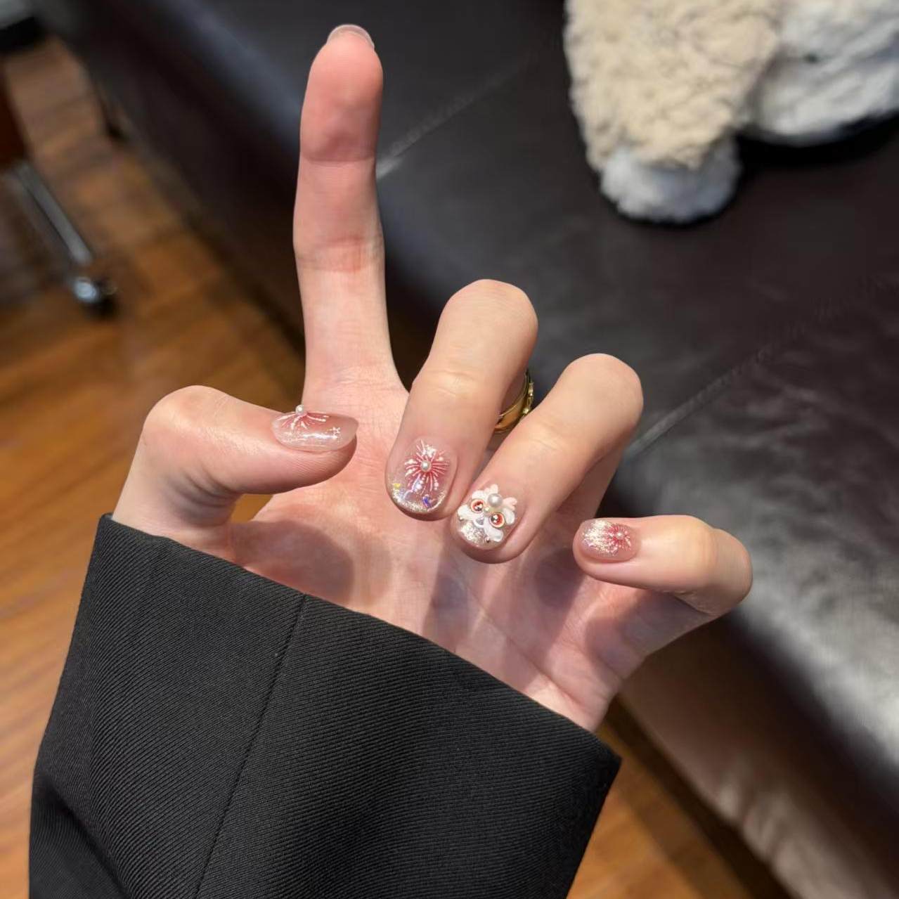 M413东方醒狮渐变烟花半手工穿戴甲高级气质猫眼美甲贴片可拆,淘宝优惠券,粉丝福利购,淘宝优惠卷