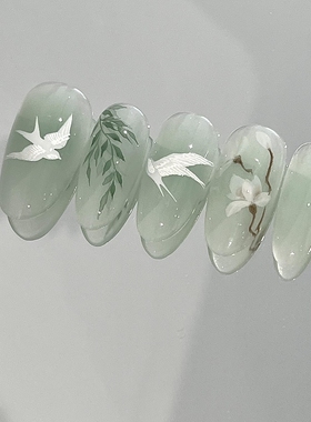 新中式水墨古风青瓷绿穿戴甲