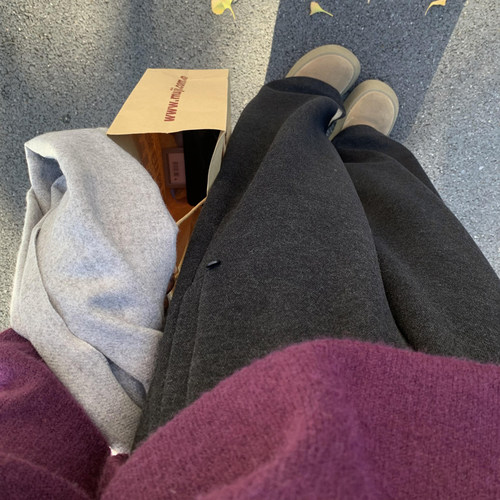 毛呢休闲直筒裤女大码秋冬加绒加厚胖妹妹宽松显瘦磨毛运动阔腿裤 - 图2