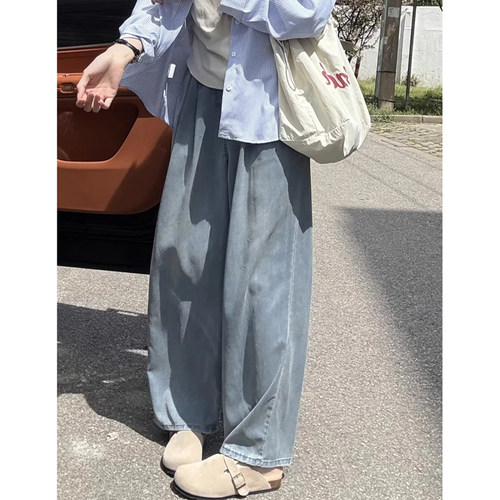 垂感天丝牛仔阔腿裤女大码夏季薄款胖妹妹高腰宽松显瘦休闲直筒裤 - 图0