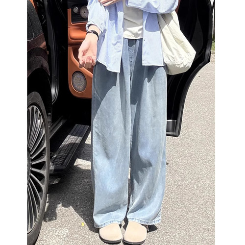 垂感天丝牛仔阔腿裤女大码夏季薄款胖妹妹高腰宽松显瘦休闲直筒裤 - 图3