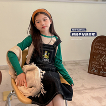 Fifis Wardrobe Girl Cowboy Braces Dress 2023 Fall New CUHK Child Cartoon Embroidery Temperament Skirt Tide