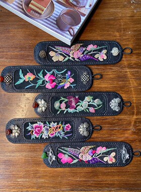 民族风手工老绣片手工定制真皮手腕 手镯